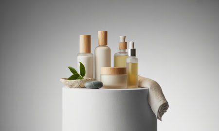 Collection of organic skincare products with wooden caps, including bottles, a jar, and a dropper, arranged with natural stones, green leaves, and a linen towel on a white pedestal. represents natural beauty and self care.の素材