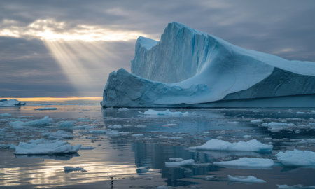 Massive ancient iceberg with visible blue and white layers floating in a calm arctic sea. sun rays break through clouds, illuminating the cold ocean with ice floes. concept of climate change and melting glaciers.の素材