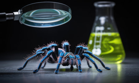 Vibrant blue tarantula spider with hairy legs meticulously examined under a magnifying glass. a laboratory flask with green liquid stands nearby, symbolizing scientific research, biology, and potential discovery.の素材