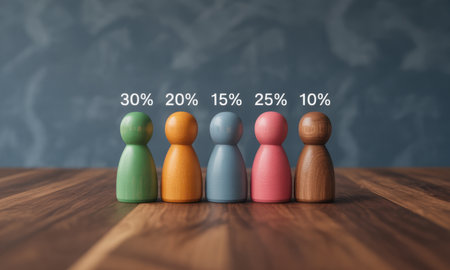 Five colorful wooden peg dolls stand in a row on a dark wooden table, each with a percentage above it. this visual represents data, statistics, distribution, and allocation of shares or groups.の素材
