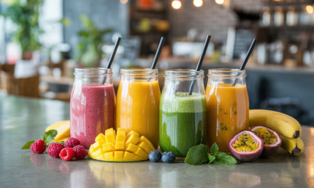 Four vibrant fruit smoothies in glass jars with straws, surrounded by fresh raspberries, mango, blueberries, passion fruit, and banana on a counter. healthy, refreshing, and natural beverage.の素材