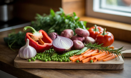 Fresh organic vegetables including bell pepper, onion, garlic, carrots, peas, and potatoes arranged on a wooden cutting board. healthy cooking ingredients.の素材