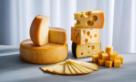 Assortment of various cheeses featuring a large edam wheel, a stack of swiss cheese blocks, cheddar cubes, and delicate slices, perfect for a gourmet spread.の素材