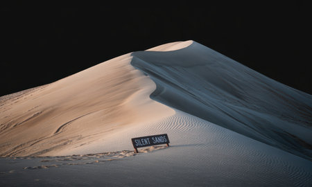 Large pristine desert sand dune with soft, wind sculpted curves, illuminated by natural light, featuring a silent sands sign at its base, set against a dark, dramatic sky.の素材