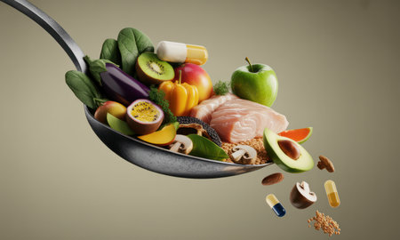 Spoon filled with diverse healthy food items including fresh fruits, vegetables, raw fish, grains, and dietary supplement capsules, representing a complete and balanced diet and wellness.の素材