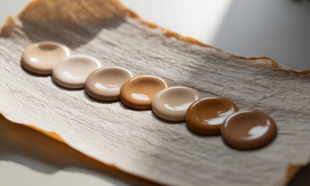 Diverse liquid makeup foundation shades, from light to dark, precisely swatched on textured paper. ideal for beauty, cosmetics, and inclusivity concepts.の素材