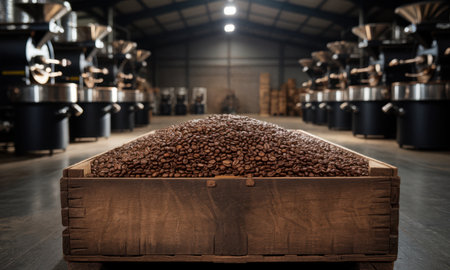 Roasted coffee beans overflowing from a rustic wooden crate, with modern coffee roasting machines visible in the background of a large industrial facility. focus on coffee production and quality.の素材