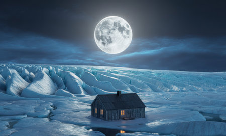 Small wooden house with glowing windows sits on a vast, cracked glacial ice field under a luminous full moon. the cold, serene night landscape features towering ice formations and dark sky, emphasizing isolation and winter.の素材