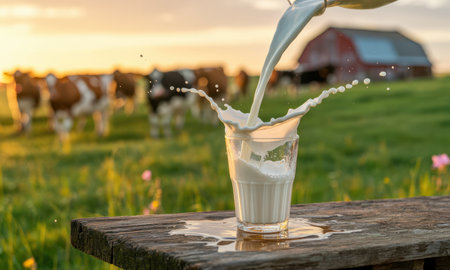 Fresh milk pours into a glass, creating a dynamic splash on a rustic wooden table. a serene rural farm scene unfolds with grazing cows and a red barn in a vibrant green field under a golden sunset.の素材