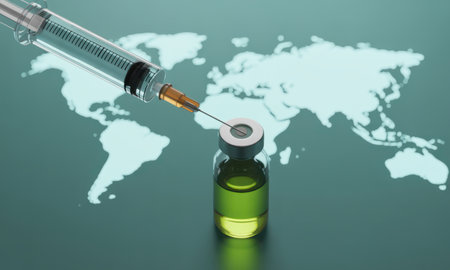 Syringe needle inserted into a medical vial with green liquid, set against a blurred world map, symbolizing global vaccination and health initiatives.の素材