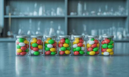 Six clear glass jars with silver lids filled with red, green, yellow, and white oval candies arranged in a row on a reflective surface. represents variety, choice, and organization.の素材