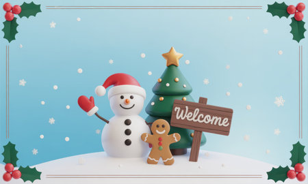 Jolly snowman in a santa hat, cheerful gingerbread man, and decorated christmas tree on a snowy hill with a welcome sign. festive winter scene with falling snowflakes and holly accents.の素材