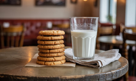 Stack of golden brown peanut butter cookies with white chocolate chips next to a tall glass of fresh milk on a textured wooden table in a cafe setting.の素材