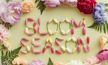 Bloom season text crafted from pink and white flower petals, elegantly framed by a vibrant border of colorful spring flowers and lush green foliage on a pale green surface.の素材