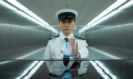 Female security officer in uniform performing a biometric palm scan for identity verification on a holographic interface. modern technology for secure access control in a futuristic setting.の素材