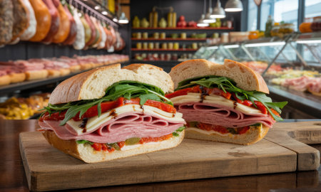 Delicious italian sub sandwich, sliced in half, showcasing layers of mortadella, provolone cheese, roasted red peppers, fresh arugula, and balsamic glaze on a wooden board in a deli.の素材
