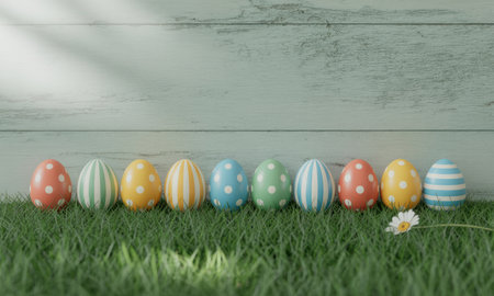 Colorful easter eggs with polka dots and stripes arranged in a row on vibrant green grass, set against a rustic light grey wooden plank background. spring holiday celebration.の素材