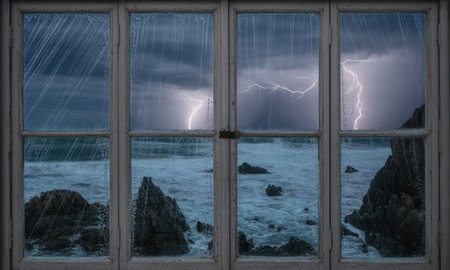 Stormy ocean with crashing waves and jagged rocks, illuminated by powerful lightning strikes, viewed through a rain streaked window. dark, dramatic clouds fill the sky.の素材