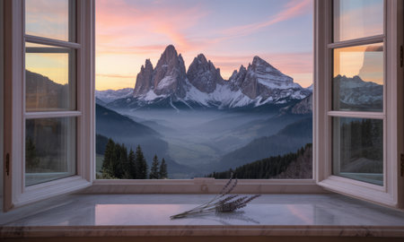 Dramatic mountain peaks covered in snow and mist at sunrise, viewed from an open white window with a marble sill and delicate lavender sprig. tranquil morning scene.の素材