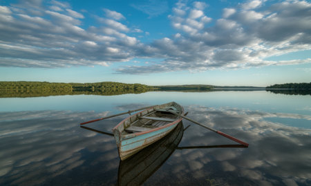 Vintage wooden rowboat with oars floating on a tranquil lake, mirroring a clear blue sky and fluffy cumulus clouds, with a distant forest on the horizon.の素材