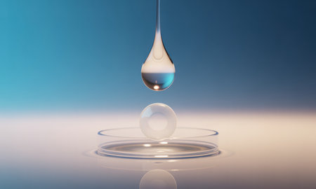 Transparent liquid drop hovers over a clear sphere within a petri dish, illustrating scientific research, chemistry, and laboratory work.の素材
