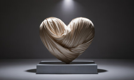 Heart shaped sculpture meticulously crafted from flowing, draped silk fabric, resting on a pedestal under a focused spotlight. symbolizes love, romance, and artistic elegance.の素材