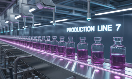 Clear glass vials filled with purple liquid moving along an illuminated conveyor belt in a high tech automated production line within a modern manufacturing facility.の素材