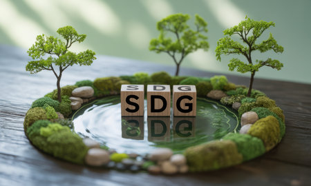 Wooden blocks spelling SDG stand in a serene miniature garden with lush moss, small trees, and a reflective water surface. represents global sustainable development goals and environmental balance.の素材