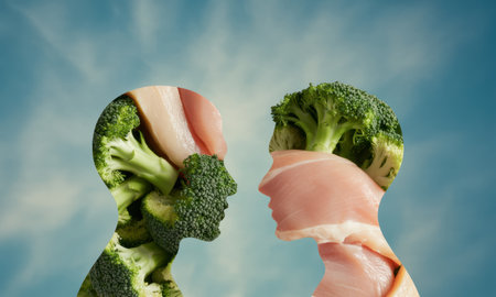 Two human head profiles facing each other, filled with fresh broccoli and raw chicken, symbolizing nutrition, dietary choices, and healthy eating habits.の素材