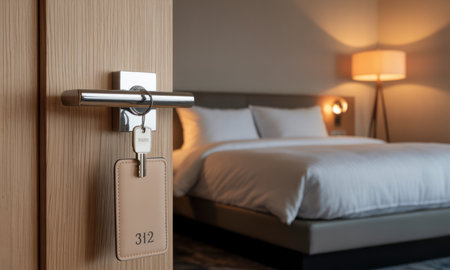Hotel room door handle with a key and numbered tag, slightly open to reveal a blurred, inviting bedroom with a comfortable bed and warm lighting, symbolizing hospitality and welcome.の素材