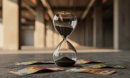 Sleek glass hourglass with black sand flowing, placed on a textured concrete surface. various euro banknotes are scattered around, symbolizing the relationship between time, money, and financial urgency.の素材
