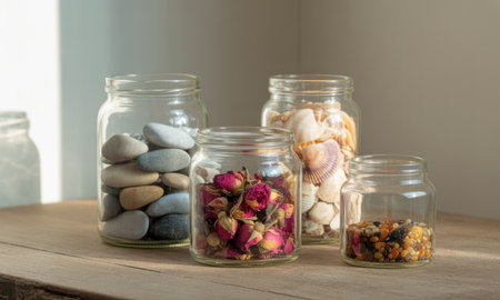 Clear glass jars filled with diverse natural elements, smooth pebbles, dried rosebuds, seashells, and colorful small stones, arranged on a wooden surface.の素材