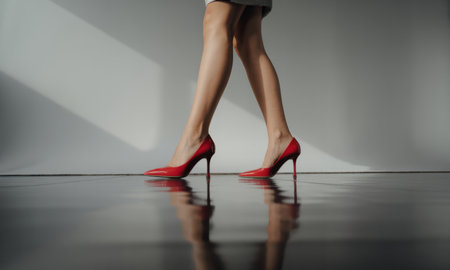 Woman legs in vibrant red patent leather stiletto heels walking on a dark, reflective floor. the elegant stride conveys confidence, fashion, and power.の素材