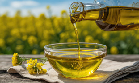 Golden yellow rapeseed oil streams from a glass bottle into a clear bowl on a wooden table. a vibrant blooming canola field is visible in the sunny background, with fresh flowers nearby.の素材