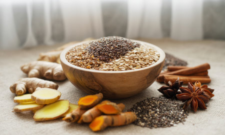 Wooden bowl filled with chia seeds, flax seeds, and oats, complemented by fresh ginger, turmeric, cinnamon sticks, and star anise. healthy eating, natural ingredients, and superfoods.の素材