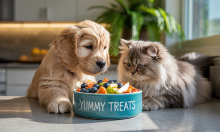 Golden retriever puppy and fluffy persian cat sharing a bowl of colorful fruit, including blueberries, apples, and oranges, on a kitchen counter. healthy pet food and nutrition concept.の素材