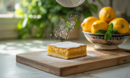 Single square lemon bar on a rustic wooden cutting board, dusted with powdered sugar. fresh lemons and mint in a bowl nearby, highlighting a sweet citrus dessert.の素材