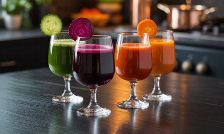 Four glasses of colorful vegetable juices, green cucumber, deep purple beetroot, vibrant red tomato, and bright orange carrot, arranged on a dark kitchen counter. healthy detox drinks for wellness.の素材