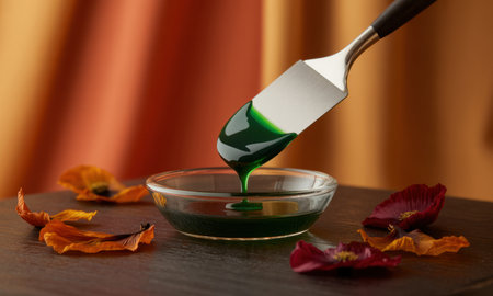 Dark green viscous liquid dripping from a sleek silver palette knife into a clear glass bowl, with scattered dried flower petals. concept of art, craft, beauty, and precision.の素材