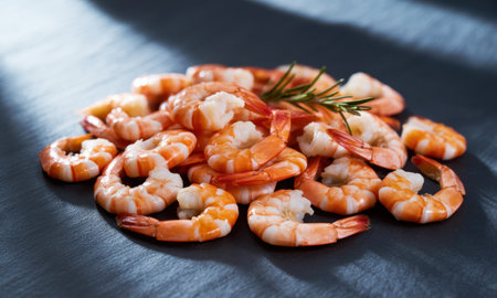 Pile of perfectly cooked, peeled shrimp with a sprig of fresh rosemary on a dark, textured slate surface. delicious seafood ready to eat, healthy meal ingredient.の素材