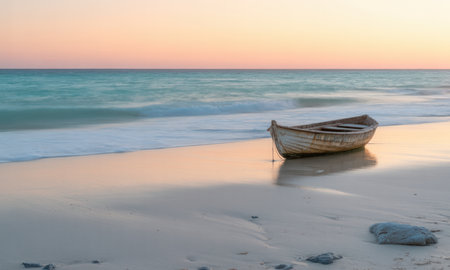 Weathered wooden boat resting on a tranquil sandy beach with soft ocean waves under a serene pastel sunrise sky. peaceful coastal scene.の素材