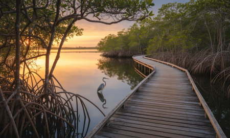 Winding wooden boardwalk extends through dense mangrove forest, leading to calm bay. great blue heron stands in water, reflecting golden light of sunset.の素材