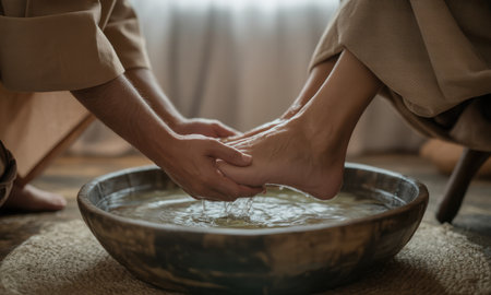Hands gently washing feet in a rustic wooden bowl of water. this act symbolizes humility, service, and profound religious devotion, with water dripping from the feet.の素材