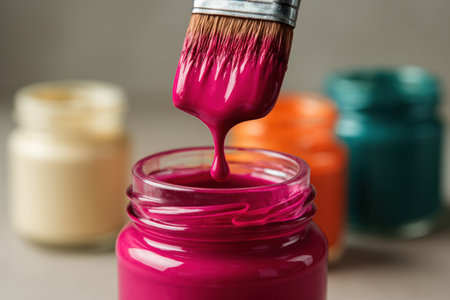 Vibrant magenta paint drips from a paintbrush into an open glass jar. other colorful paint jars are blurred in the background, suggesting creativity, art supplies, and artistic expression.の素材