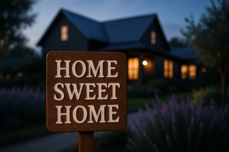 Wooden sign displaying home sweet home in white letters, placed in front of a blurred, illuminated house at dusk. evokes feelings of comfort, belonging, and welcome.の素材