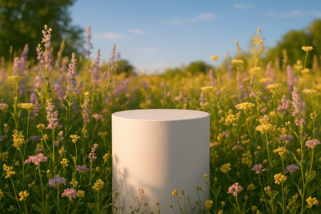 White cylindrical podium stands centered in a vibrant wildflower meadow under a clear blue sky, ideal for product display, nature, and outdoor concepts.の素材