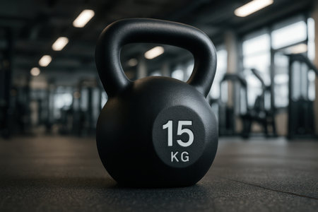 Matte black 15kg kettlebell resting on a dark, textured rubber gym floor. modern fitness center with blurred equipment in the background, symbolizing strength, workout, and healthy lifestyle.の素材