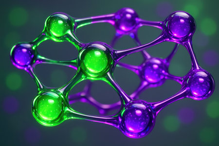 Intricate 3D network of glossy green and purple spheres connected by pathways, resembling a neural network or data structure. modern scientific or technological concept.の素材