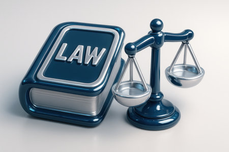 A glossy blue legal book with LAW embossed on its cover stands beside a silver and blue scale of justice, symbolizing legal principles, fairness, and the judicial system.の素材