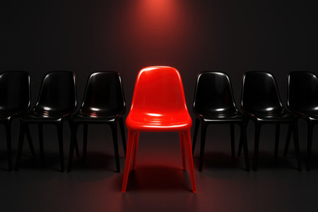 Vibrant red chair prominently positioned in a line of six identical black chairs. the central red chair is illuminated by a bright spotlight, symbolizing individuality, choice, and uniqueness.の素材